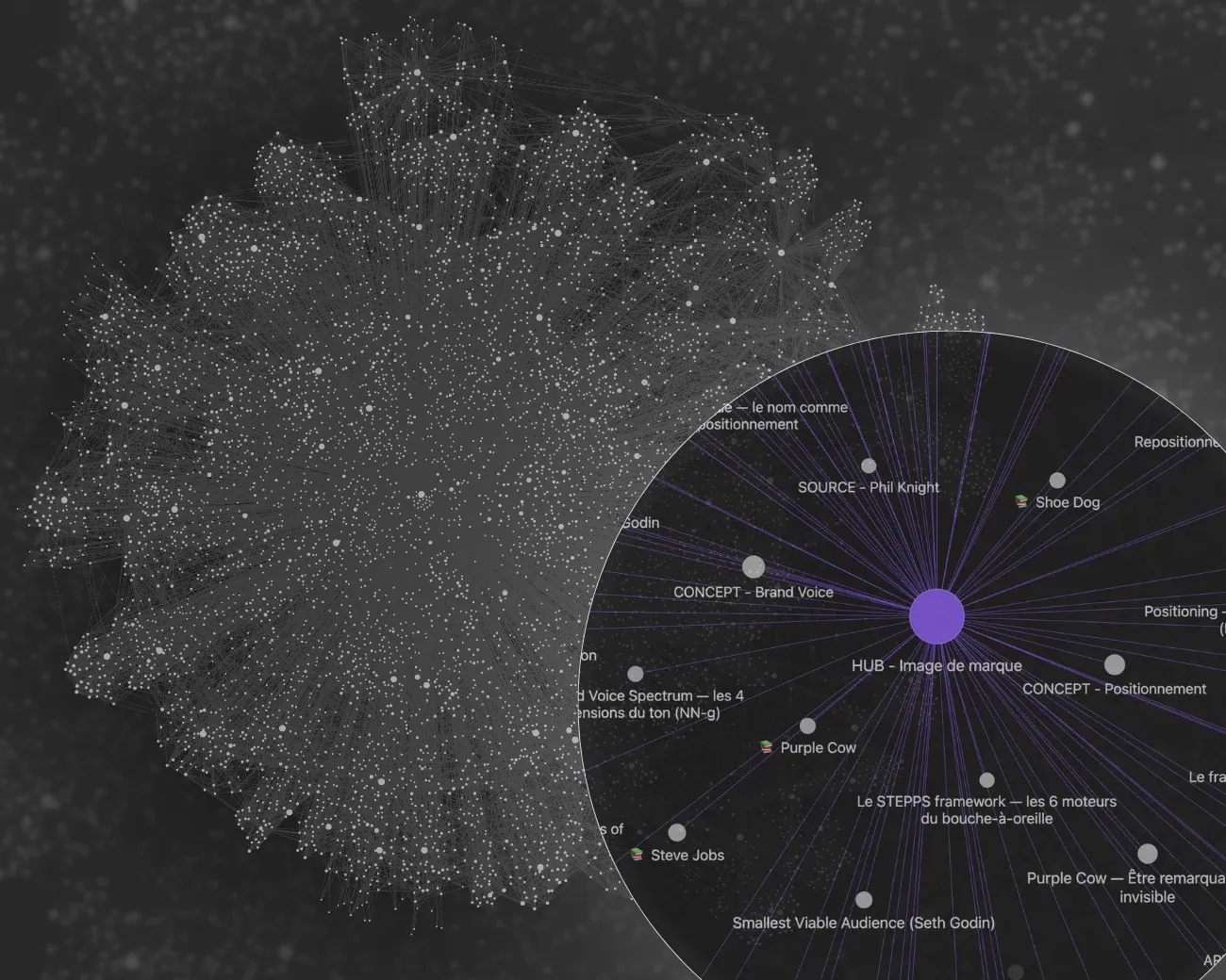 Graphe de connaissance Aurentia : des milliers de notes reliées entre elles, avec un zoom sur le hub « Image de marque » et ses concepts sources.