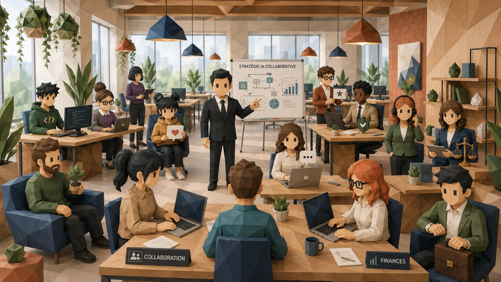 Les agents IA Aurentia qui collaborent dans un bureau : stratégie, finances, communication, chacun à son poste.